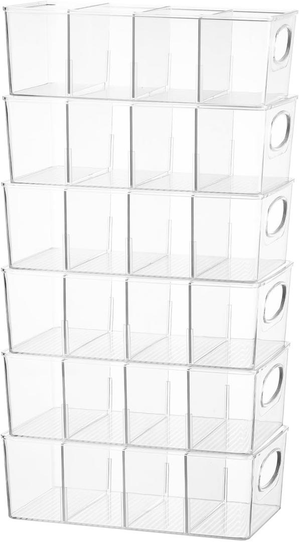 4-Section Divided Storage Plastic Bins, Clear Plastic Food Storage Organizer for Kitchen, Snacks, Spice Packets,Pouches, Stackable Tea Bag Storage Bin (3 Pack)