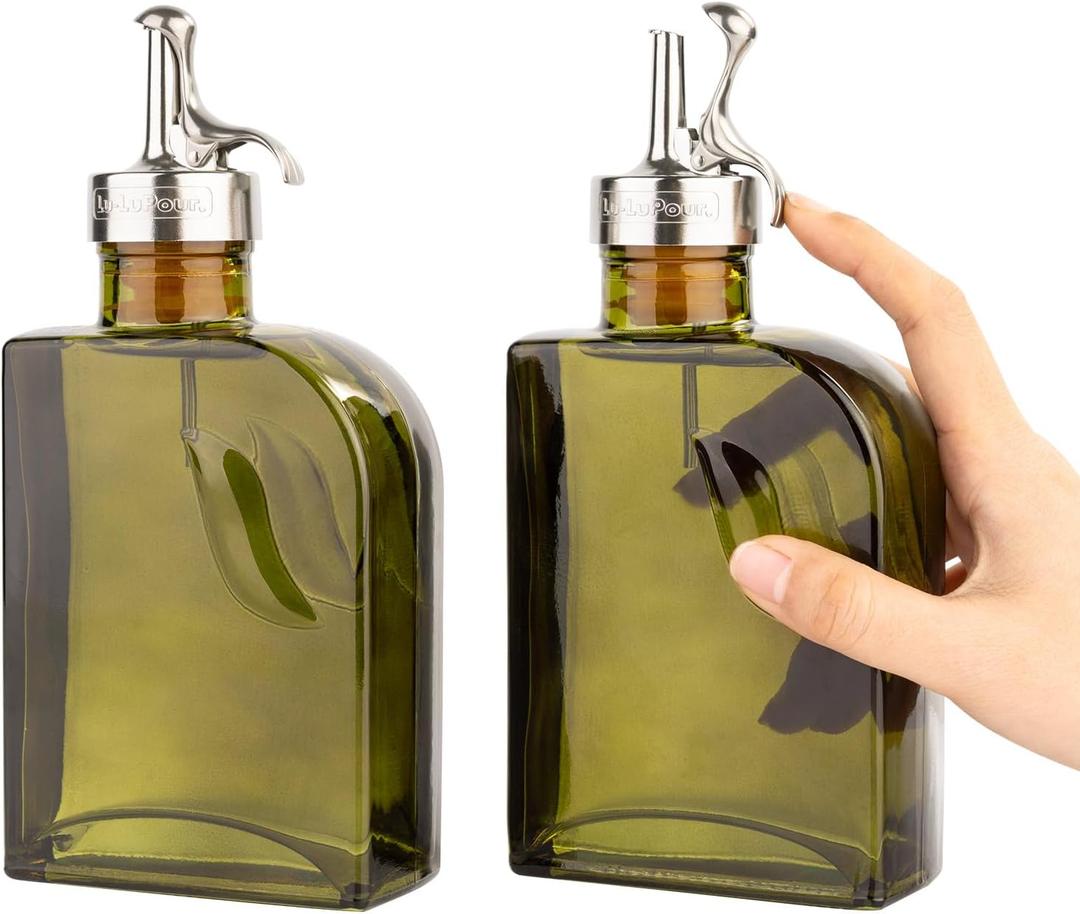 Olive Green 12oz Glass Olive Oil Bottle Dispenser - 350ml Oil and Vinegar with Pourers and Funnel - Oil Dispenser Bottle for Kitchen