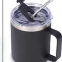 Volhoply 12oz Insulated Leakproof Coffee Mug with Flip & Straw Lid,Double Wall Vacuum Stainless Steel Travel Cafe Tumbler Cup with Handle, Reusable Camping Mugs Keep Cold/Hot (Black,1 Set)