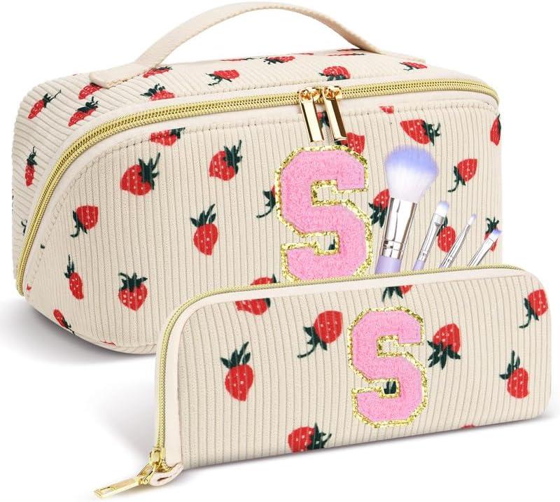 Personalized Travel Makeup Bag Set,Initial Travel Cute Strawberry Makeup Organizer Bag,Toiletry Skincare Cosmetic Bag Gifts for Women/Girls,Open Flat Toiletry Pouch with Brush Pocket-Strawberry S