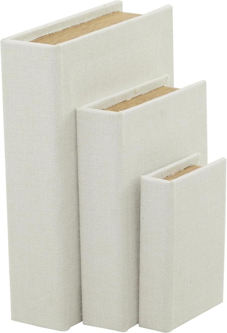 Deco 79 Linen Fabric Decorative Box Faux Storage Book Book Shaped Boxes, Set of 3 Decorative Keepsake Boxes 12", 9", 6"H, White