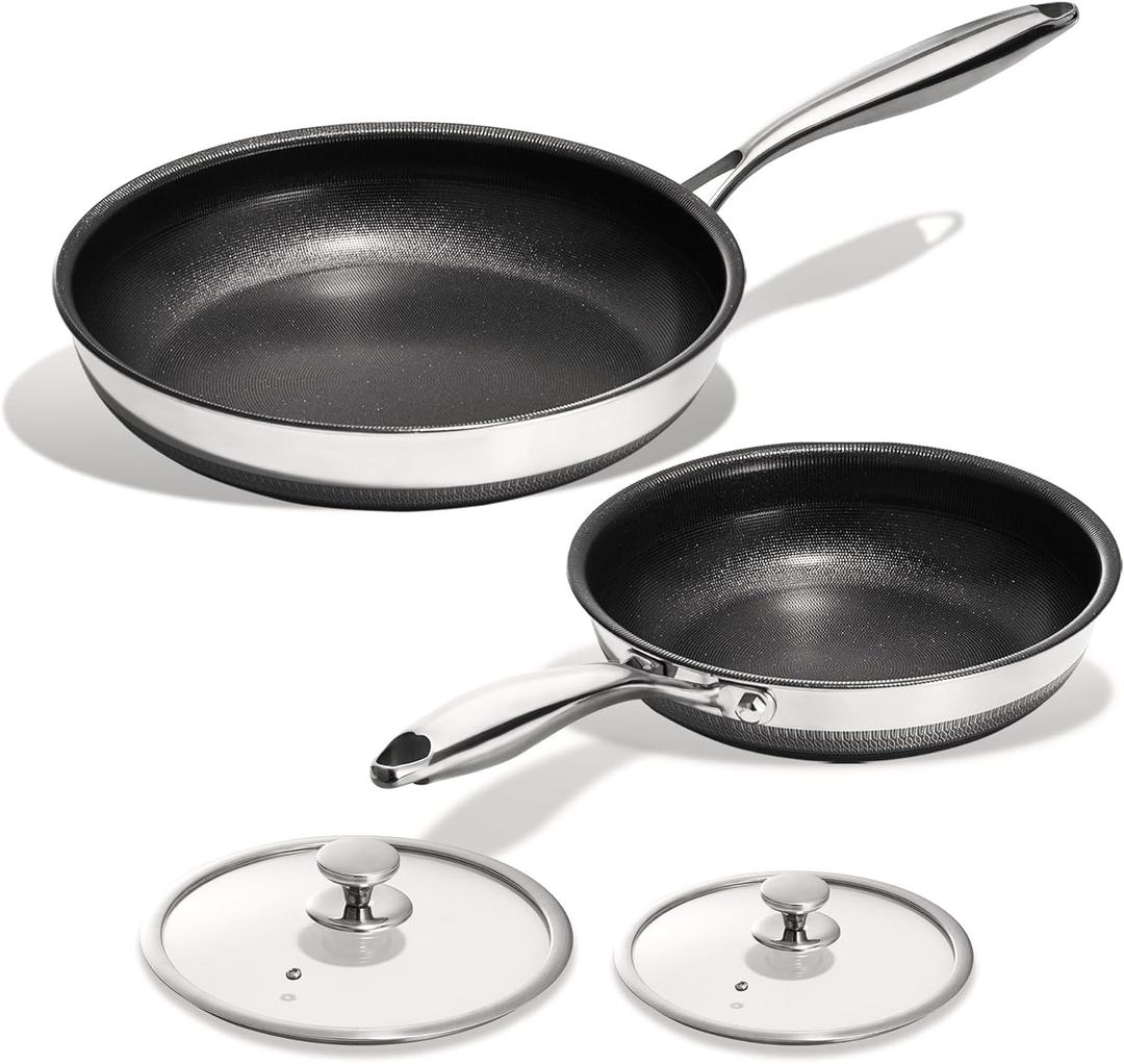 KITEXPERT Non Stick Frying Pans Set of 2 (10, 12") Titanium Ceramic Pan with Lids, Nonstick Skillet Stainless Steel, PFAS PFOA & PTFE Free, Dishwasher & Oven Safe, All Cooktops Compatible (Black)