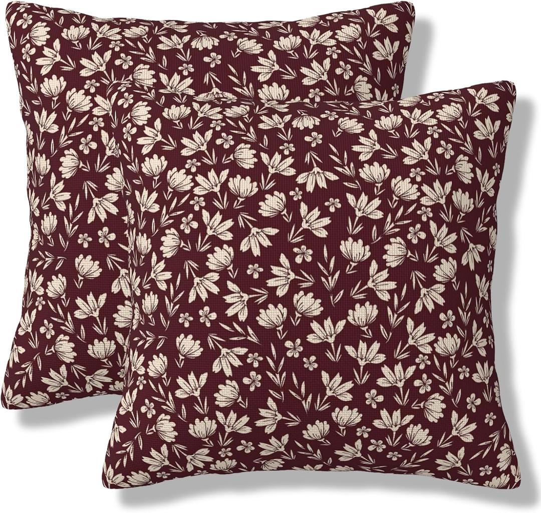 Burgundy Floral Throw Pillow Covers Vintage Rustic Old Style Square Pillow Cases 20x20 Inch Set of 2 Small Flowers Print Cushion Cover Decorative Pillowcase for Living Room Sofa Bed