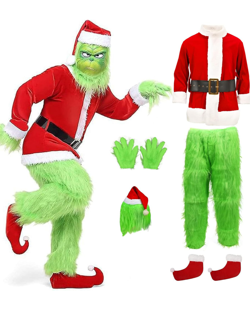 Christmas Costume Adults Men Santa Claus Suit 7PCS Deluxe Professional Furry Xmas for Adult Set, M