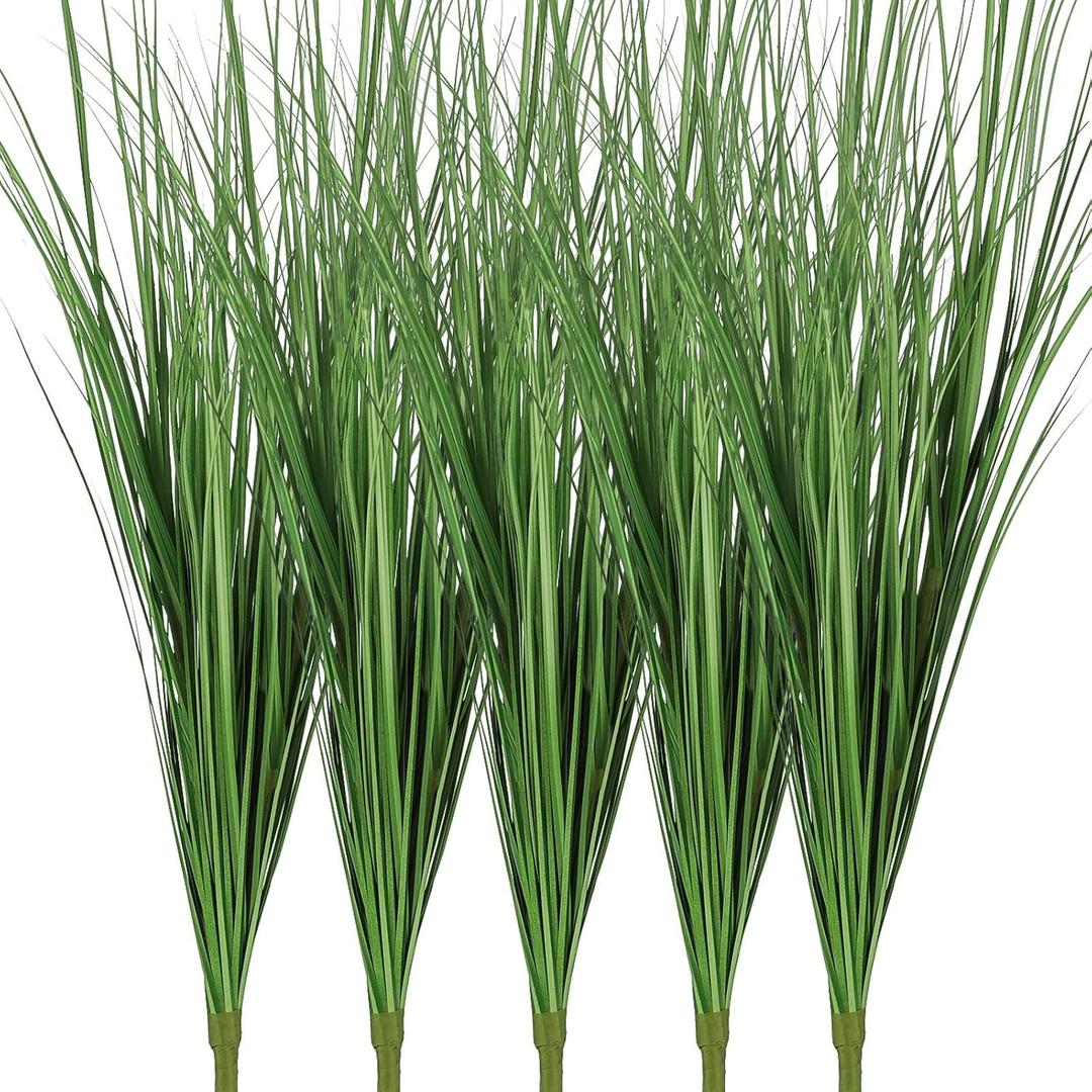 Tigeen 5 Pcs 33 Inch Faux Grasses for Outdoor Planters, UV Resistant Fake Tall Grass, Artificial Grass Plants for Outdoor Decor, Artificial Greenery Stems Weed for Room Home Summer Vase Decor (Green)