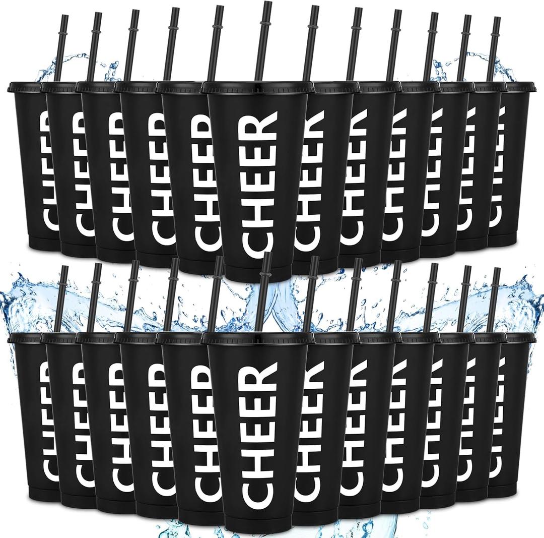 Layhit 24 Sets Cheer Teams Gifts Cheerleading Plastic Tumbler with Lids and Straws 24 oz Reusable Cheer Cups Bulk for for Sport Events Football Baseball Basketball Team Party Supplies (Black)