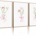 Girl Flower Bow Wall Art Coquette Pink Floral Canvas Wall Decor Nursery Wildflower Poster Aesthetic Flower Pictures Soft Pink Bow Prints Cute Floral for Teen Girls Bedroom 12x16 Inch Unframed 3Pcs