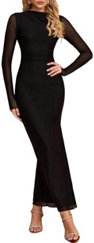XinFSh Women's Spring Long Sleeve Wedding Guest Maxi Dress Mesh Ruched Bodycon Formal Cocktail Dresses XL, Black 