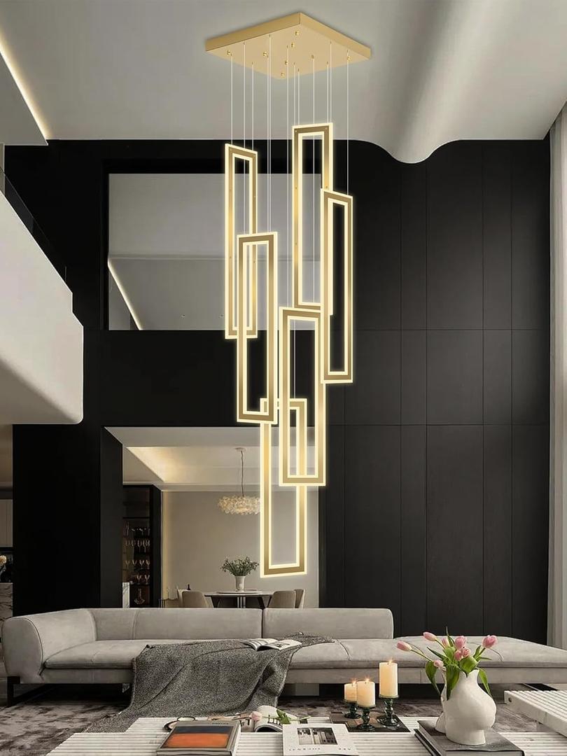 Modern Chandelier,6 Ring Led Foyer Chandeliers,Larger High Ceiling Chandelier for Living Room,Gold Rectangle Chandelier for Entryway Staircase LED Dimming 2700k-6000k