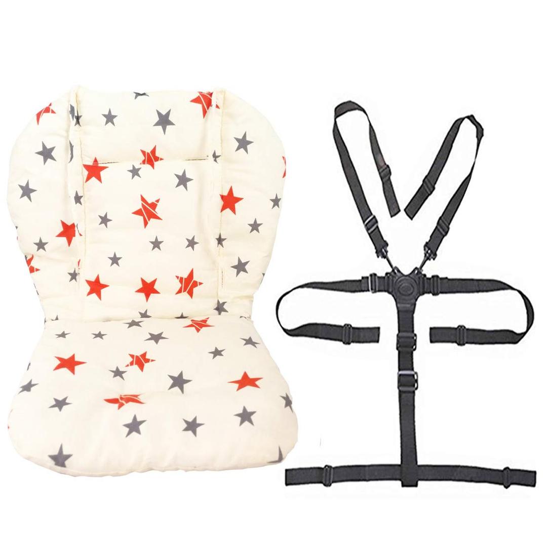 Twoworld Baby High Chair Seat Cushion Liner Mat Pad Cover and High Chair Straps (5 Point Harness) 1 Suit (Stars) (Ashown)