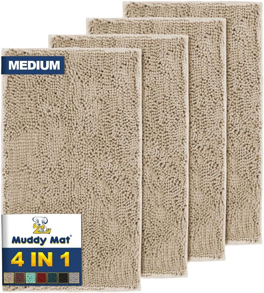Muddy Mat 4-Piece Beige Medium 30"X19" AS-SEEN-ON-TV Highly Absorbent Microfiber Door Mat, Bath Mat and Pet Rug, Non slip Thick Washable, Soft Chenille for Kitchen Bathroom Bedroom Indoor and Outdoor