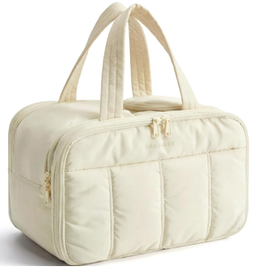 BAGSMART Travel Toiletry Bag, Puffy Large Toiletry Bag for Women, Lightweight Cosmetic Makeup Bag Organizer with Handle for Traveling, Accessories, Essentials, Toiletries （Beige