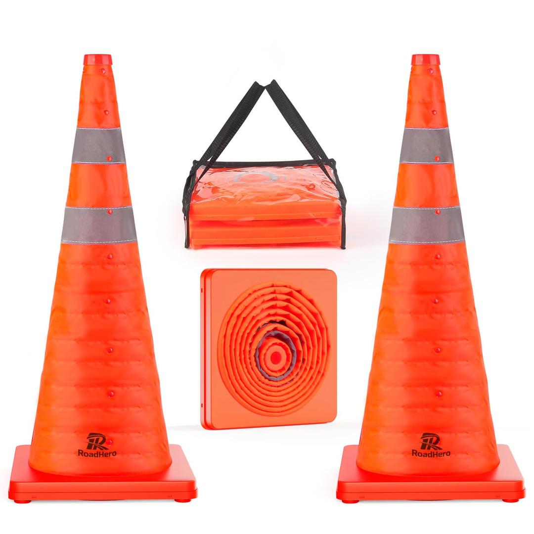 RoadHero 28 Inch 2 Pack Collapsible Traffic Safety Cones, Multi Purpose Pop-up Cones with Reflective Collar for Road Safety, Orange Cones for Driving Training, Parking Lots