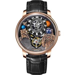Space Station Automatic Watches for Men, Unique 3D Astronaut Space Style, 5ATM Waterproof Skeleton Mechanical Watch with Leather Strap