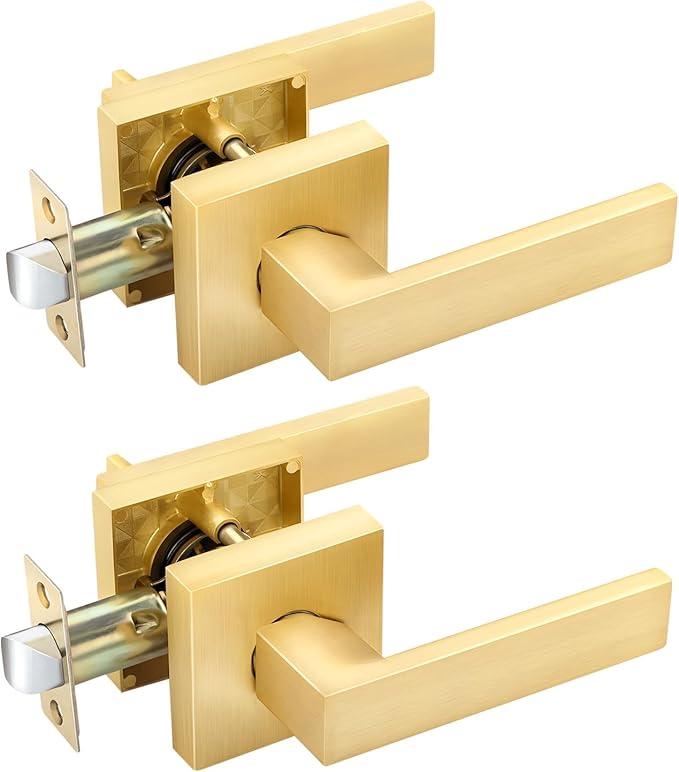 2 Pack Closet Door Handles Interior Non-Locking Lever Set for Hallway Door or Closet with Satin Brass Finish, Reversible for Right or Left Side