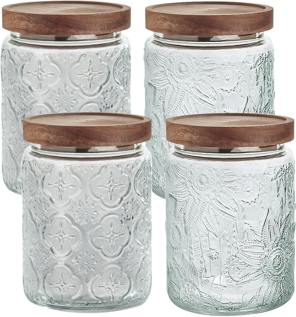 24 OZ Set of 4 Glass Storage Jar with Airtight Bamboo Wooden Lids, Vintage Food Containers Canisters Sets for Kitchen Counter Pantry, Sugar, Flour, Candy, Tea, Coffee Beans, Oats, Grain Bin, Pasta