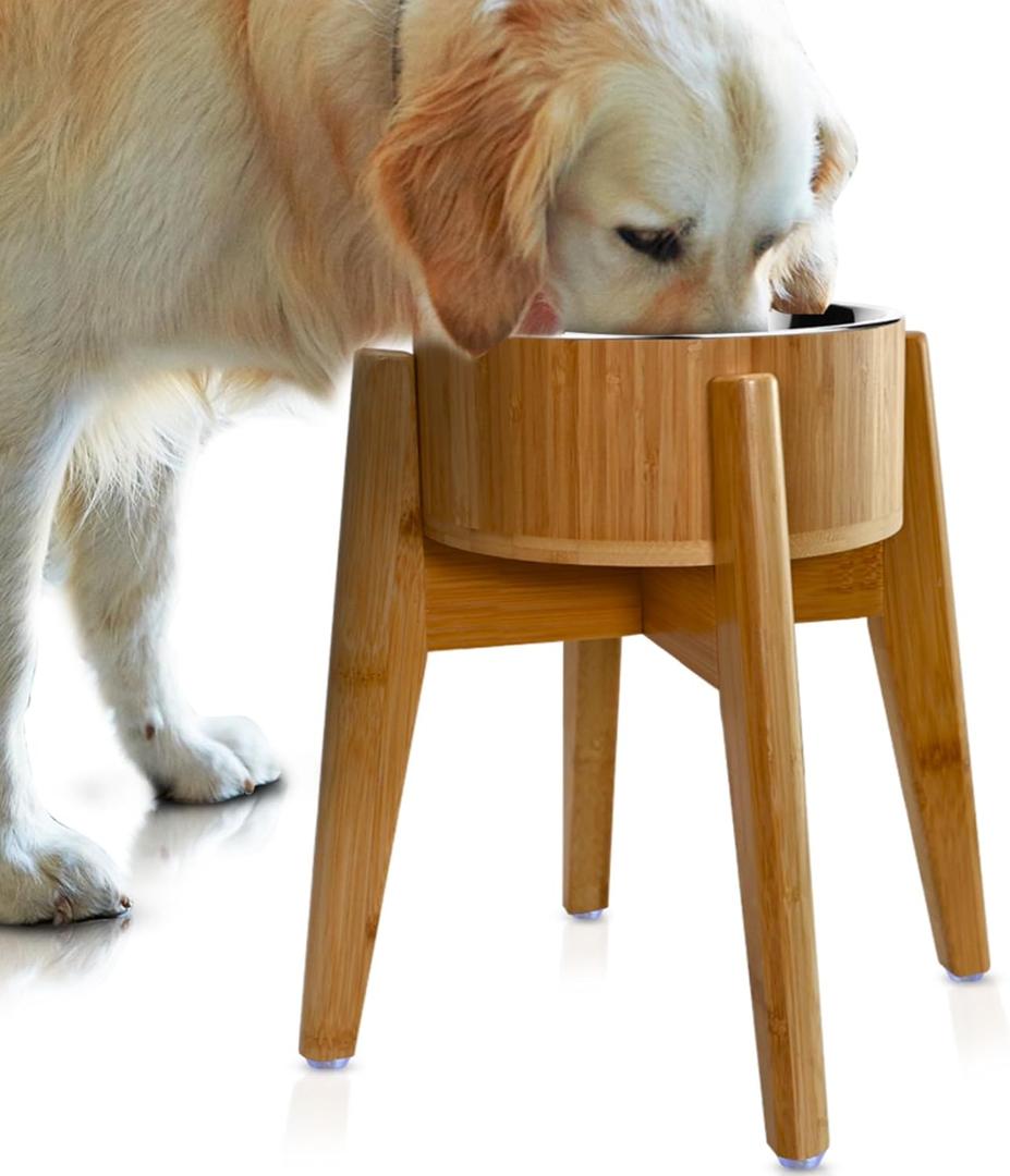 Elevated Dog Bowls for Large Breed - (15-Inch Tall, 74-oz Cap), Bamboo with Stainless Steel Dish, Raised Single Feeder - Dry and Wet Pet Foods Suitable