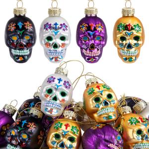 12 Pcs Day of The Dead Glass Ornaments- Dia De Los Muertos Sugar Skull Decorations- Halloween Hanging Skeleton Head Ornaments for Parties Xmas Tree Decoration