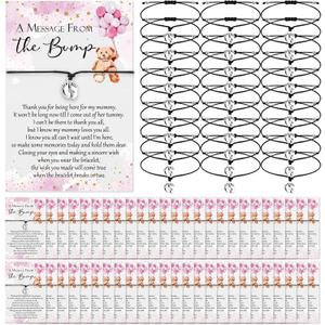 Thyle 50 Set Pink Bear Baby Shower Favors for Guests Adjustable Bracelets with Message from the Bump Card Footprints Charm Baby Shower Bracelets for Gender Reveal Thank You Gifts