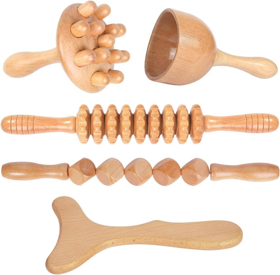 Komogir Wood Therapy Massage Tools 5-in-1 Lymphatic Drainage Massager Maderoterapia Kit Wooden Massager Body Sculpting Tools for Muscle Pain Relief, Anti-Cellulite, Body Contouring and Shaping