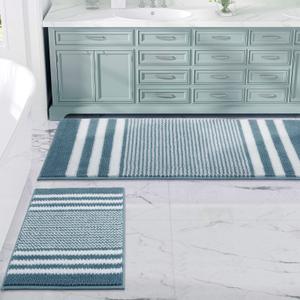 BSICPRO Bathroom Rugs Sets 2 Piece, Non Slip Striped Bath Mats, Denim Blue