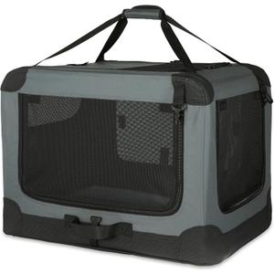 Amazon Basics 4-Door Portable Folding Soft Dog Crate, Collapsible Travel Kennel for Cat, Dog, and Other Small Animals, Pop Up with Easy Transportation, Grey, M 30" x 21" x 21"