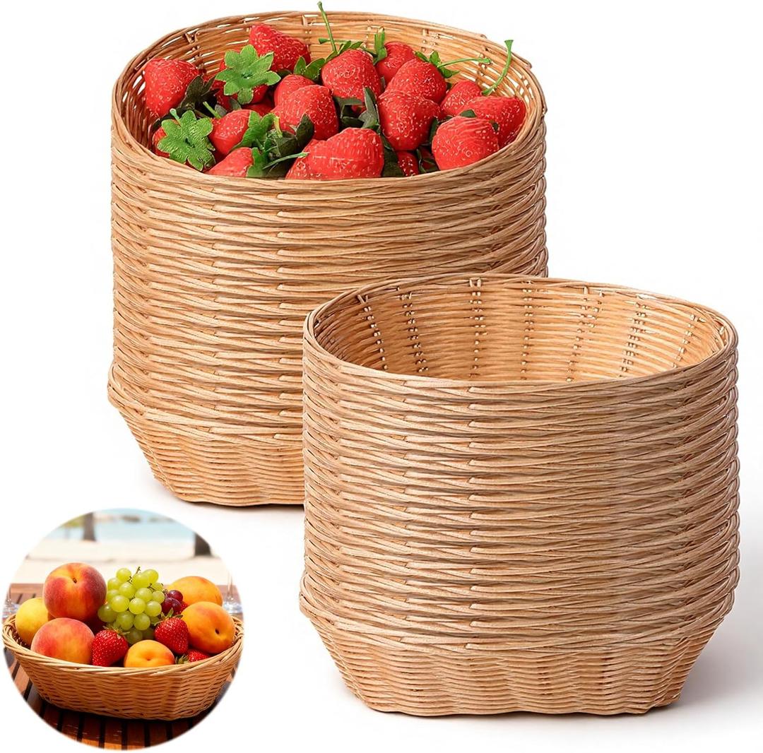 24 Pack Plastic Oval Baskets, Woven Bread and Fruit Baskets for Serving, Food Storage Basket for Kitchen Restaurant Display Decor, Brown