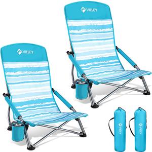 VILLEY Low Beach Chairs for Adults 2 Pack, High Back Folding Beach Chairs, Lightweight and Portable for Outdoor, Beach, Camping, Lawn, Music Festival, with Cup Holder and Carry Bag-Blue Stripes, 2'2.4" X 2'2.4" X 2'9.5"