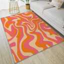 Retro Area Rug, Orange 70s Wavy Swirl Pattern, Machine Washable Modern Non-Slip Rug, Home Decor Floor Carpet for Classroom Laundry Bedroom Living Room, 5' x 7'
