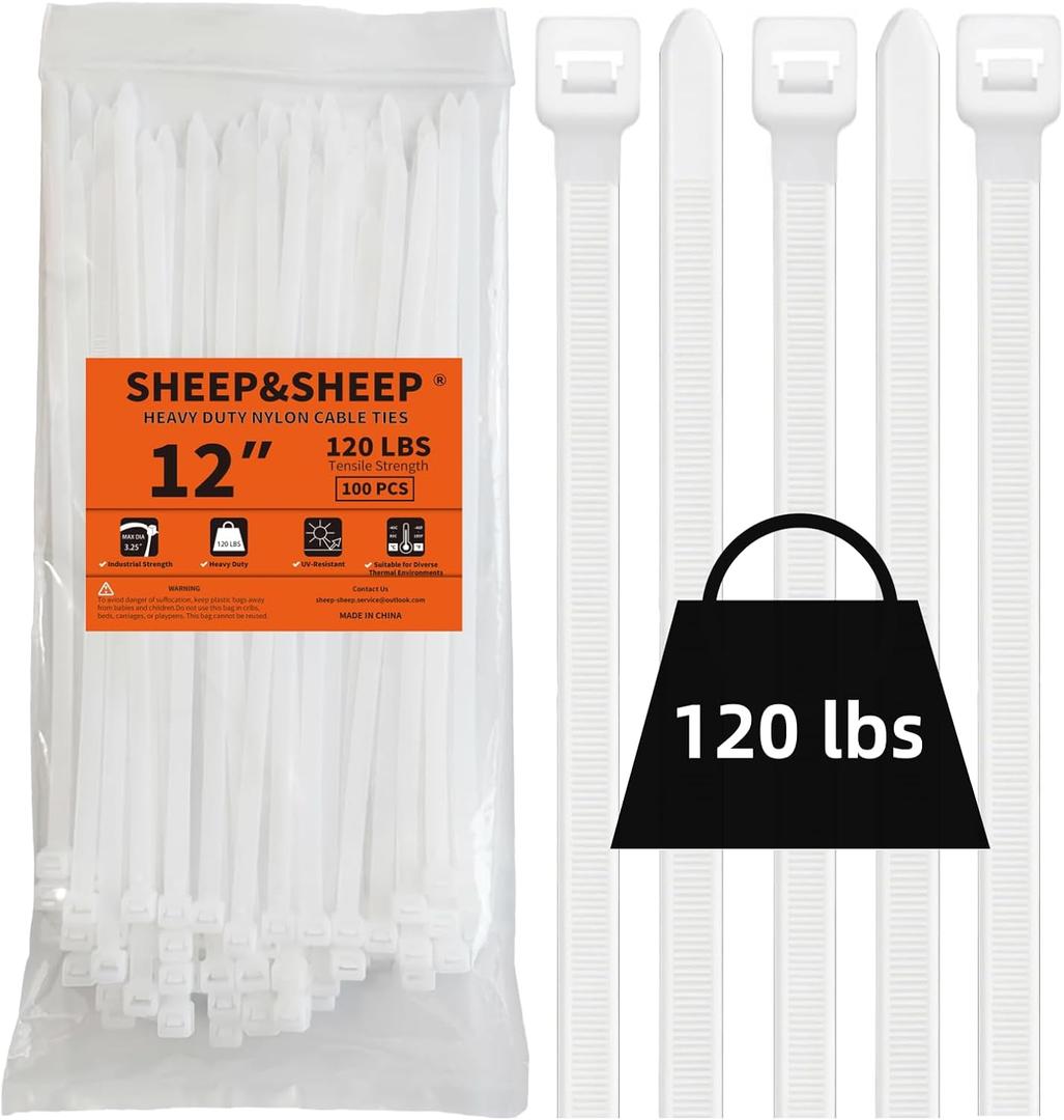 SHEEP&SHEEP White Zip Ties 12 Inch(100 Pieces), Heavy Duty Self-Locking Nylon Cable Ties, 120LBS Tensile Strength, Ideal for Indoor & Outdoor Use