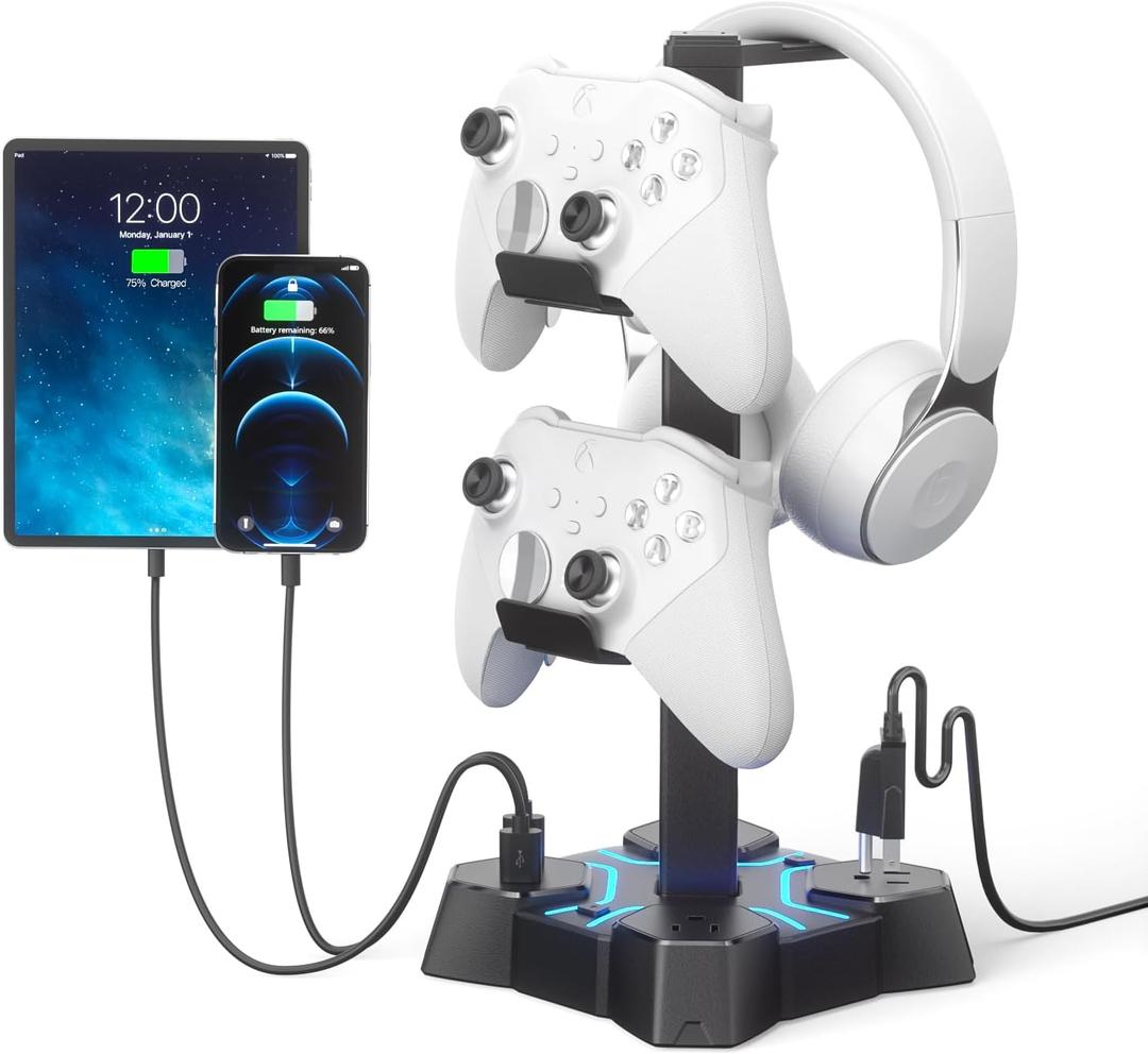 KDD Headphone Stand with USB Charger, Controller Stand for Desk, Headphone Holder with 2 USB Charging Ports and 3 AC Outlets, Accessories for Desktop (Black)