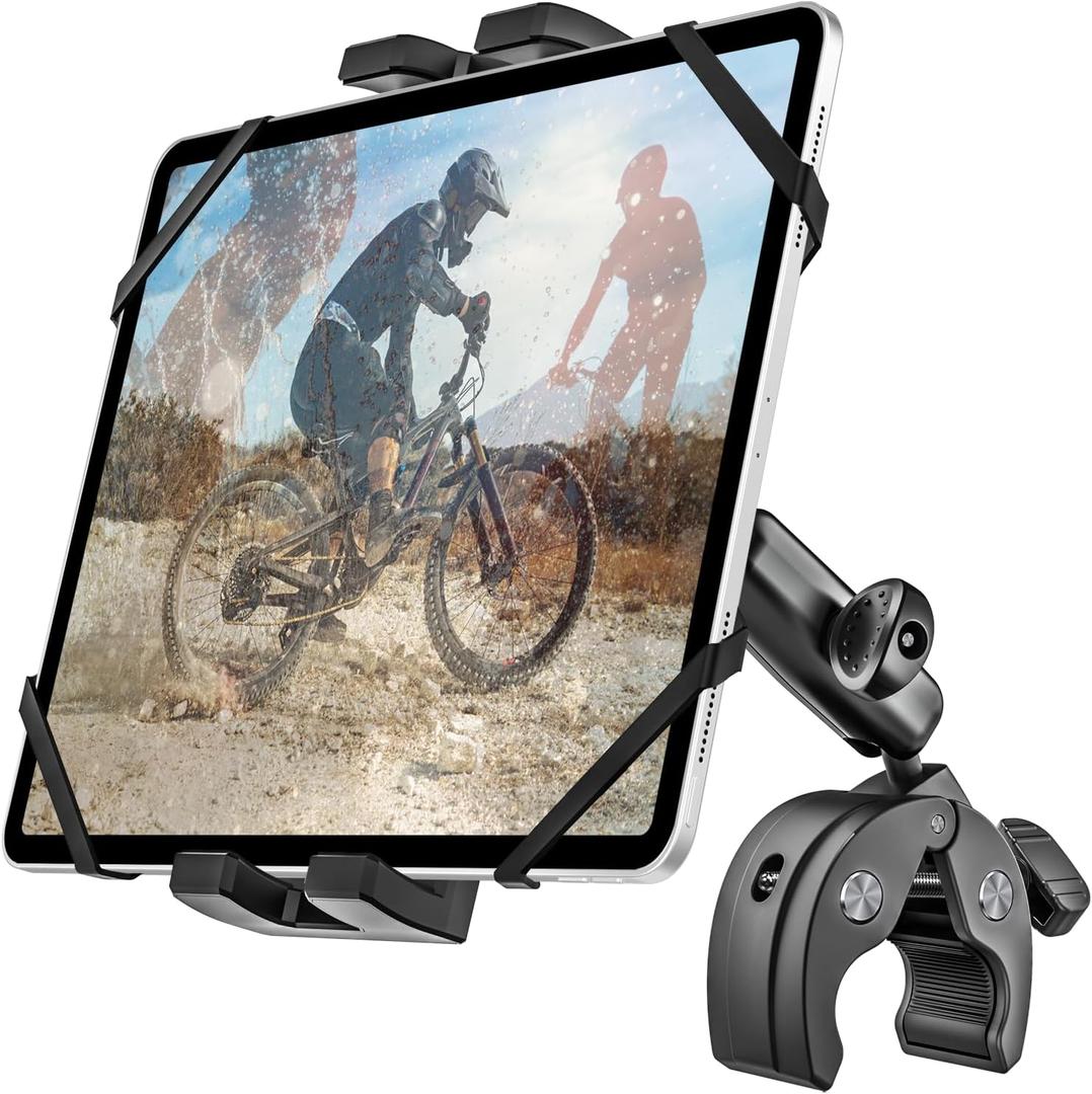 Metal iPad Tablet Mount for Boat Helm, Wheelchair Pole, Golf Cart, Stroller, Mic Stand, Fitness Bike, Road Mountain Bicycle - 360 Adjustable Handlebar Clamp for 4.7-13" iPad Pro, Air, Mini, Galaxy
