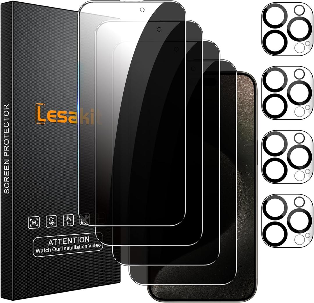 Lesakit 4+4 Pack Privacy Screen Protector for iPhone 15 Pro Max 6.7-Inch with 4 Pack Camera Lens Protector, Anti Spy Tempered Glass Film 9H Hardness Case Friendly