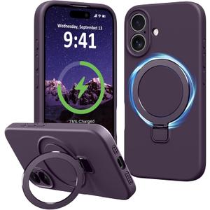 for iPhone 16 Plus Case Stand, Slim Comfortable Liquid Silicone Phone Cases Compatible with MagSafe Magnetic Ring Kickstand Stand Full Camera Protection for iPhone 16 Plus 6.7", Purple