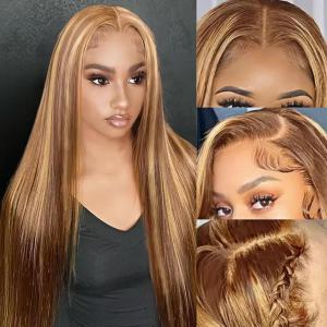 34 Inch 13x4 Honey Blonde Straight Lace Front Wigs Human Hair Highlight Ombre 200% Density Pre Plucked Pre Cut Transparent Frontal Human Hair Wigs for Black Women with Baby Hair 4/27