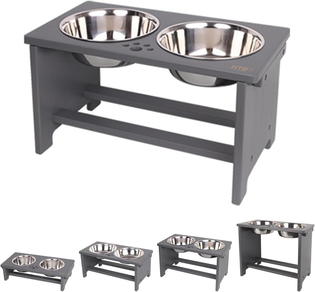 HTB Elevated Dog Bowls,Raised Dog Bowl Stand with 2 Stainless Steel Bowls,Elevated Raised Pet Bowls for Large Medium Small Sized Dogs (large-10"tall,48 Oz bowl, Grey)
