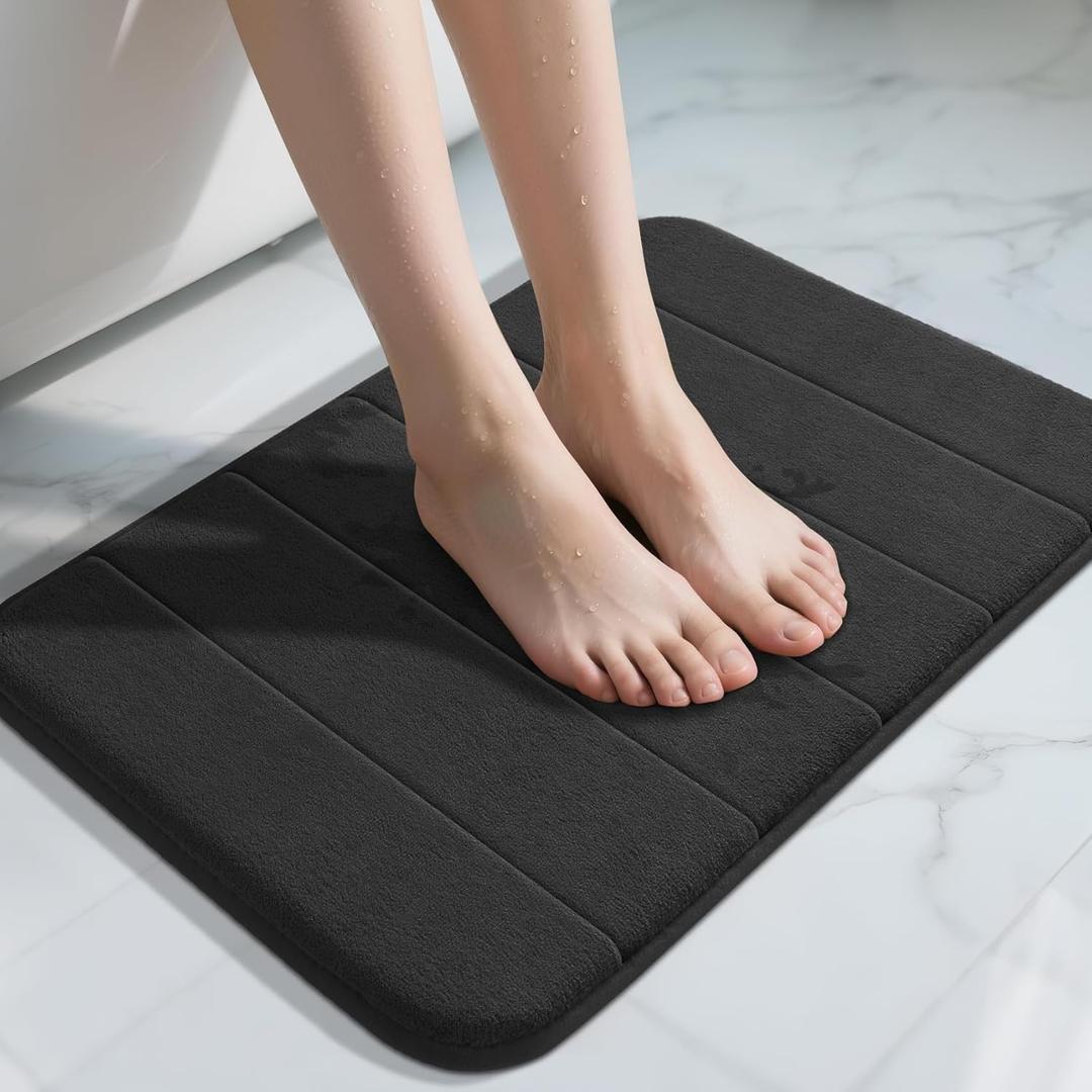 Yimobra Memory Foam Bath Mat, Super Soft Absorbent Bathroom Rug Non Slip, Quick Dry, Machine Washable Floor Carpet for Tub Shower, Home Decor Accessories, 24x17, Black