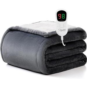 Homemate Heated Blanket Electric Throw - 50"x60" Heating Blanket Throw 1/2/4/6/8 Hours Auto-Off 10 Heat Level Over-Heat Protection Flannel Sherpa ETL Certification Balck