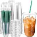 Baderke 100 Sets Clear Plastic Cups with Lids and Straws Disposable Plastic Iced Coffee Cups for Cold Beverage Juice Smoothie Coffee and Party Catering (18 oz)