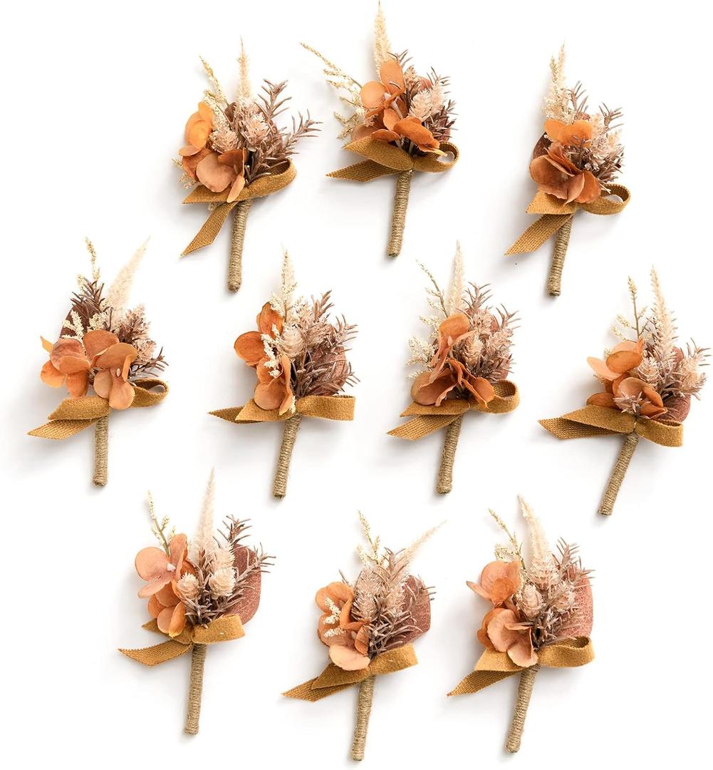 Ling's Moment Boutonniere for Men, 10pcs Groomsmen Guest Boutonniere, Artificial Flowers for Wedding Dcor/Prom/Homecoming,etc.Boho Dried Burnt Orange