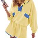 ACCPUR Quarter Button Sweatsuits Women Oversized Color Block Sweatshirts Sets Shorts Tracksuits 2025 Casual 2 Piece Outfits Size Small