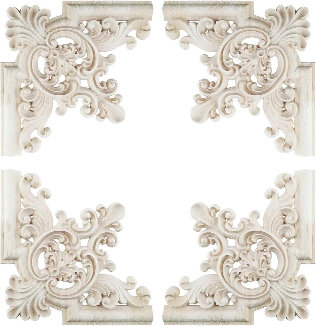 4 Pcs Wood Carved Appliques Onlays DIY Carved Furniture Appliques Corner Center Carving Decal for Desk Cabinet Mirror Dresser Drawer Home Decoration