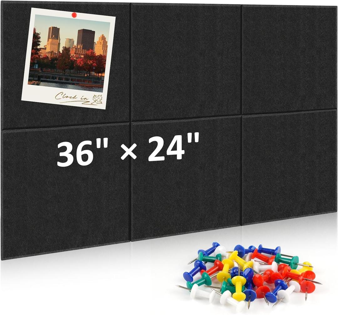 Bulletin Board, 36"24" Felt Wall Tiles, 6 Pack Cork Boards for Office, Large Black Corkboard for Office Home (with 30 Pcs Push Pins) (Black)