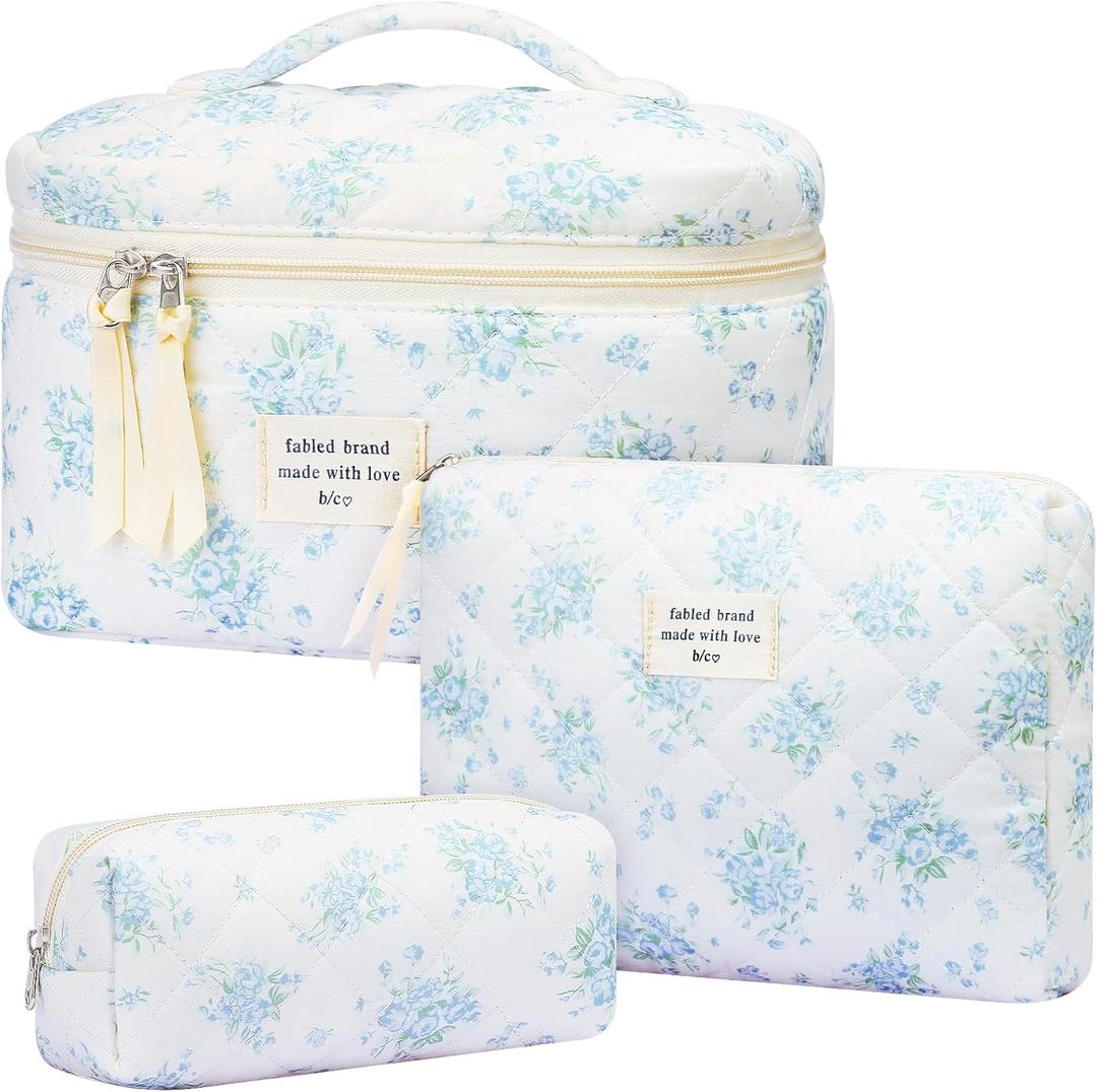 Mossio Quilted Cotton Makeup Bag - Large Floral Cosmetic Bag Cute Toiletry Organizer Flower Travel Essentials for Women & Girls (Blue Rose)