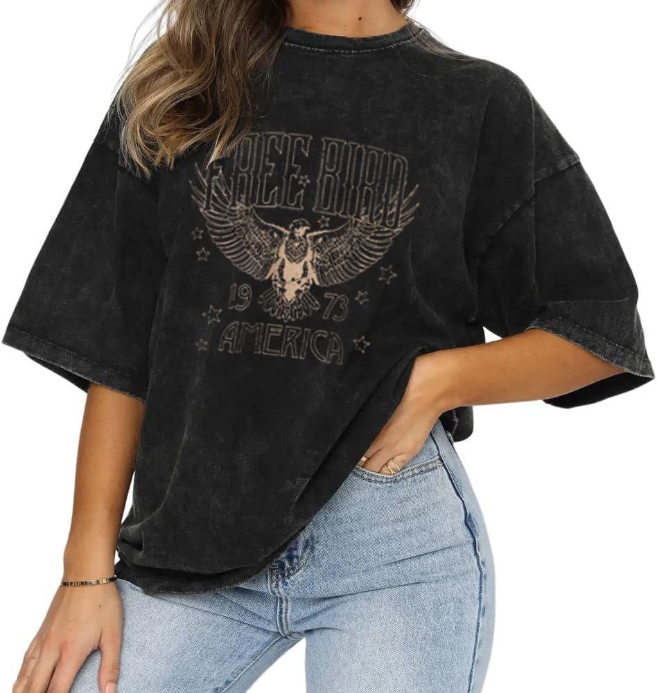 Vintage Rock Band T-Shirts for Women Retro Free Bird Eagle Graphic Country Music Tees Casual Loose Short Sleeve Tops (Black, L)