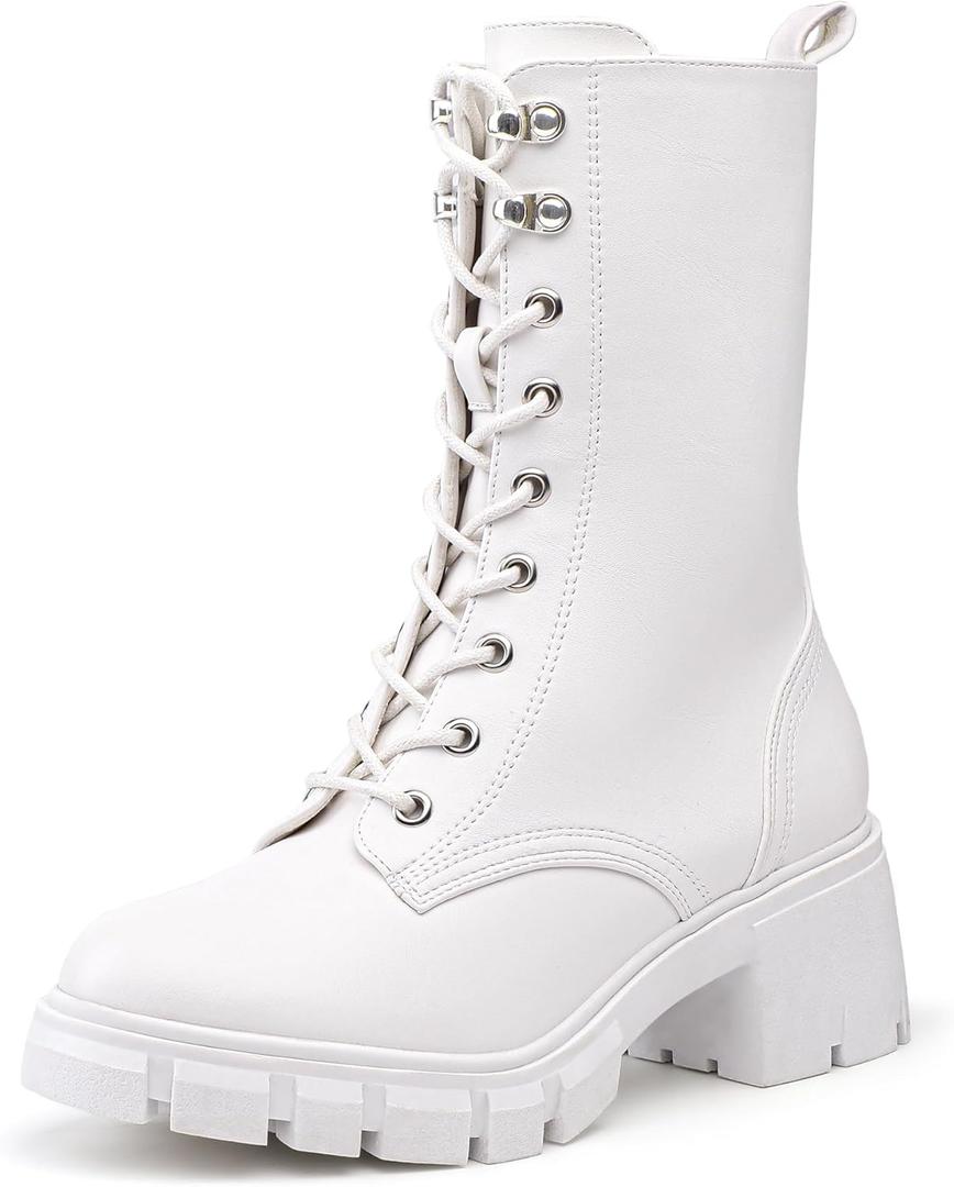 IDIFU IN3 Platform Combat Boots for Women Mid Calf Lace Up Boots Lug Sole Low Chunky Block Heel Boots Closed Round Toe Side Zipper Booties Fashion Thick Fall Heeled Boots-LOOSEN ALL LACES FIRSTLY (7, White Pu)