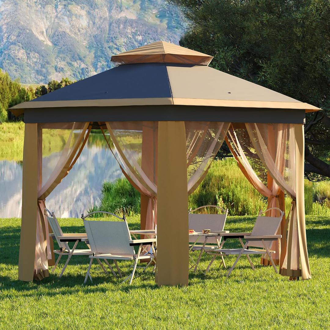 13 x 13FT Pop Up Gazebo, Hexagonal Outdoor Canopy Shelter, Instant Patio Gazebo Tent with Mesh Netting and Strong Steel Frame for Patio Backyard Garden Wedding Party, Khaki+Beige