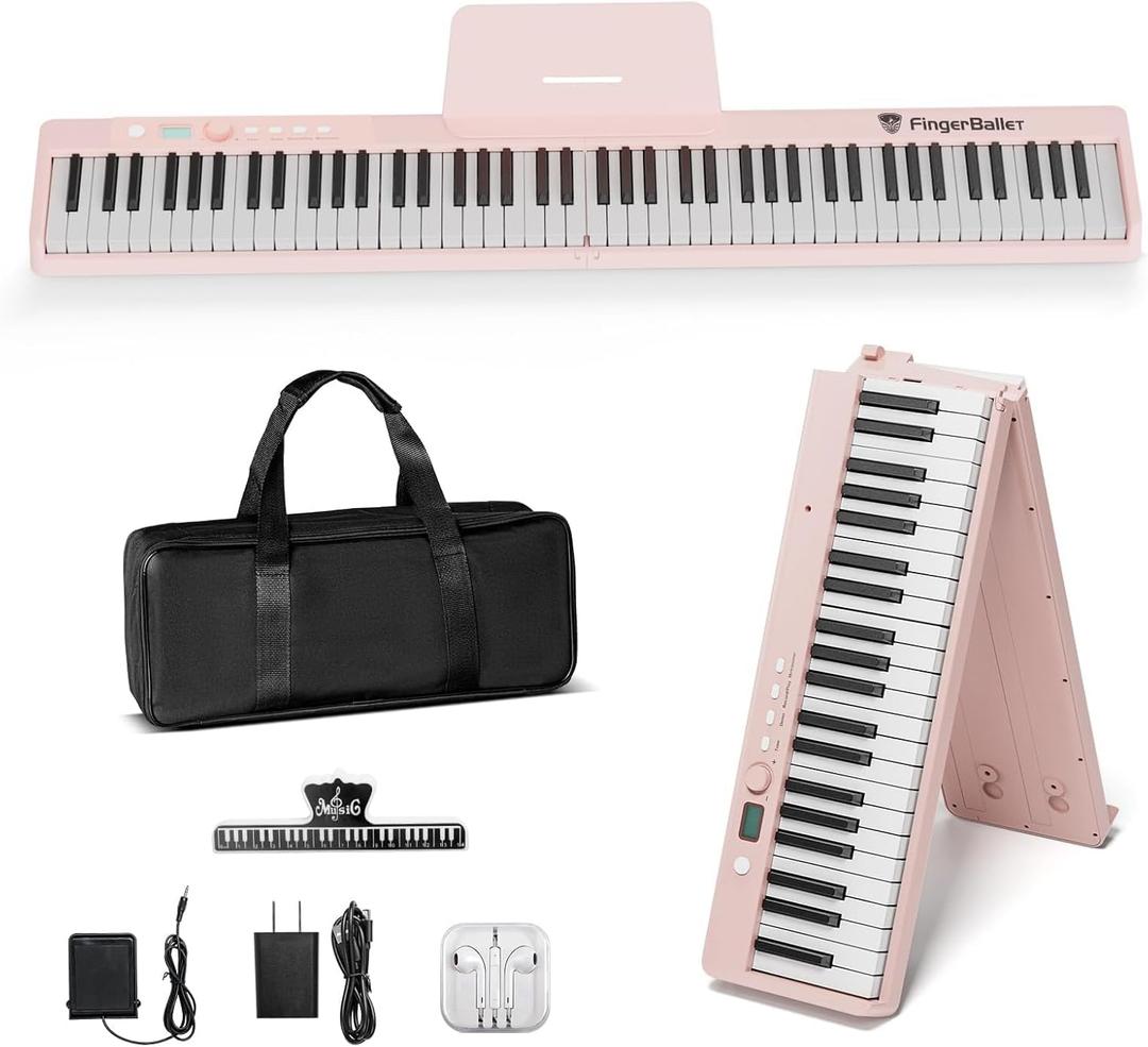 Portable Piano Keyboard, Semi-Weighted Folding Digital Piano 88 Key, Full Size, Wood Grain, Electric Piano Keyboard w/MIDI Bluetooth, Suitable for Adult, Toddler, Kids (Pink)