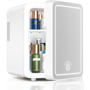 CUTIEWORLD Skincare Fridge With Dimmable LED Light Mirror, 4L Makeup Mini Fridge for Bedroom, Car, Office & Dorm, Cooler & Warmer, Portable Small Refrigerator for Cosmetics, Skin Care and Food, White