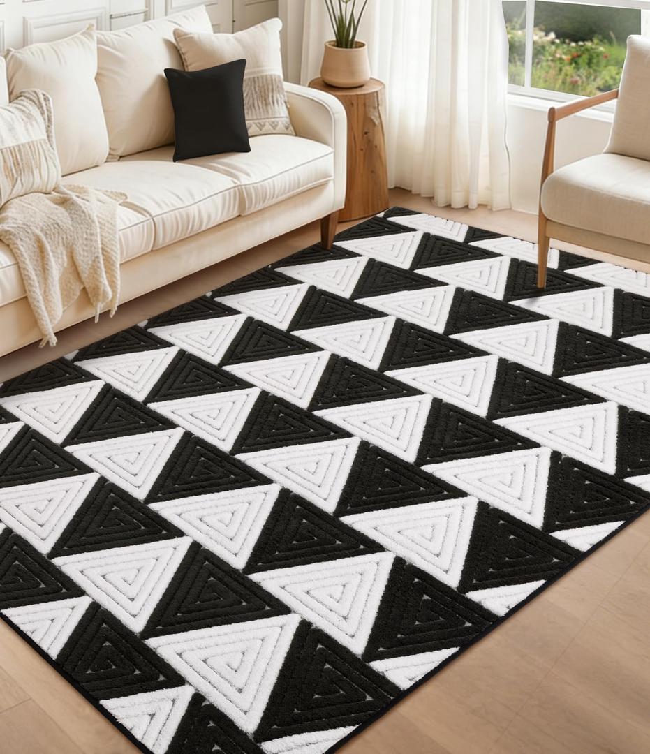 YIHOUSE Black and White Ultra Soft Area Rugs 6x9, Geometric Rug with Triangular Patterns, Comfortable Washable Rugs for Bedroom and Living Room